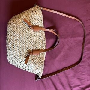 Woven Straw Tote Bag with Tan Leather Accents